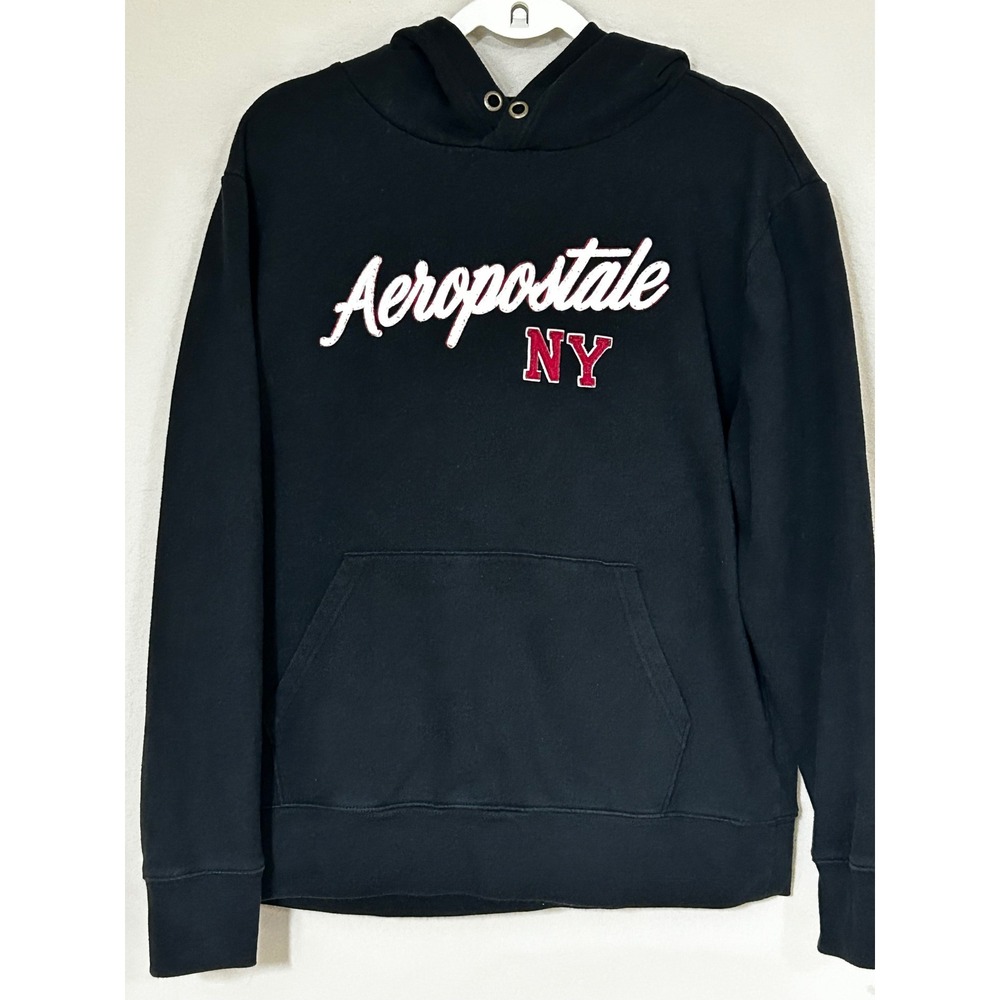 Aeropostale Mens Hoodie Black Embroidered Logo NY Pullover Sweatshirt Large